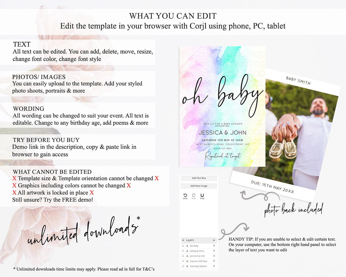 Pastel Rainbow Baby Shower Invitation With Gold Glitter Sprinkles, Colorful Watercolor Ombre Splash in Pink, Teal, and Yellow Theme D10231