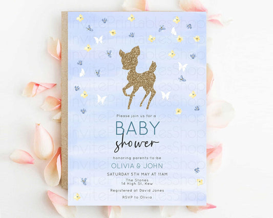 Fawn Baby Shower Invitation Deer Baby Shower Invites Enchanted Forest Theme Butterfly Pastel Flowers Whimsical Baby Shower D10863