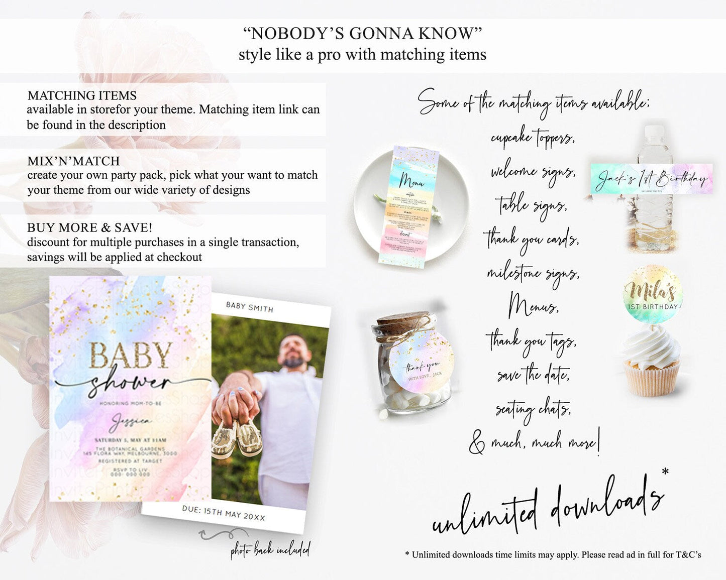 Pastel Baby Shower Invitation Rainbow Baby Shower Invitation Colorful Pastel Watercolor Invitation Gold Glitter Sprinkles Ombre D10635