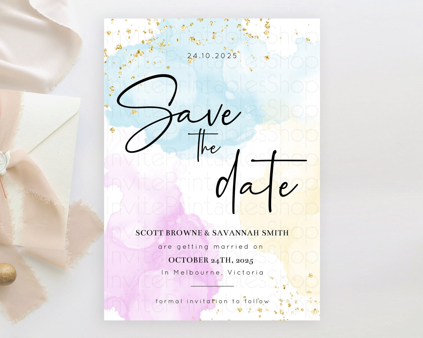 Pastel Save The Date Template Pastel Ombre Rainbow Watercolor Colorful Party For Birthday Baptism Baby Shower Wedding Bridal Shower D10155