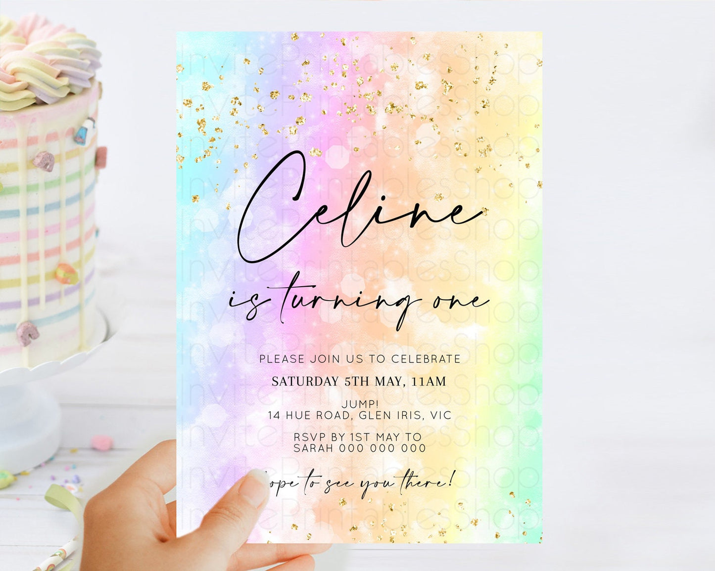 Rainbow Birthday Invitation Colorful Pastel Watercolor Invitation Gold Glitter Sprinkles Ombre Pastel 1st 2nd 3rd Birthday D10647