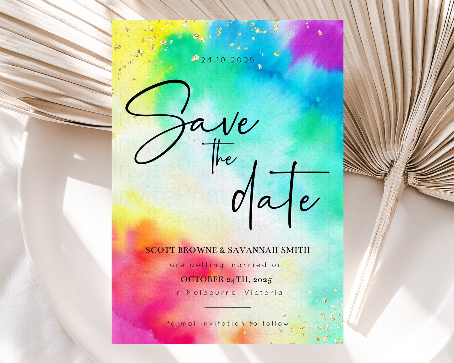 Tie Dye Save The Date Template Rainbow Pastel Ombre Watercolor Party For 1st Birthday Baptism Baby Shower Bridal Shower Wedding D10462