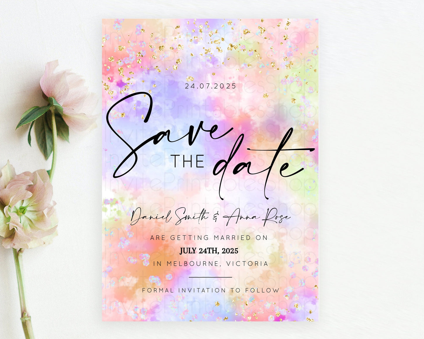 Pastel Save The Date Template Pastel Ombre Rainbow Watercolor Colorful Party For Birthday Baptism Baby Shower Wedding Bridal Shower D10610