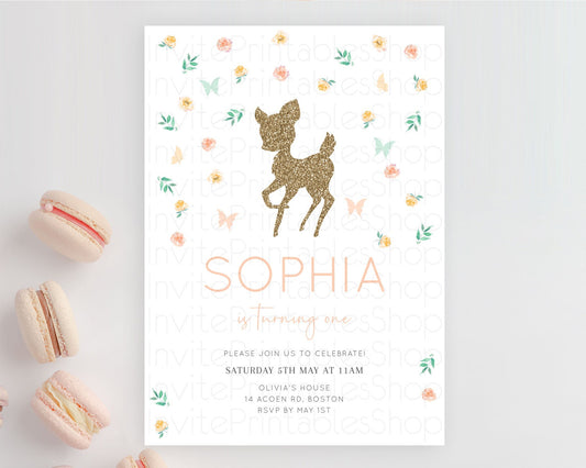 Fawn Birthday Invitation Deer Birthday Invitation Enchanted Forest Party Butterfly Pastel Flowers Whimsical 2nd 1st First Birthday D10355