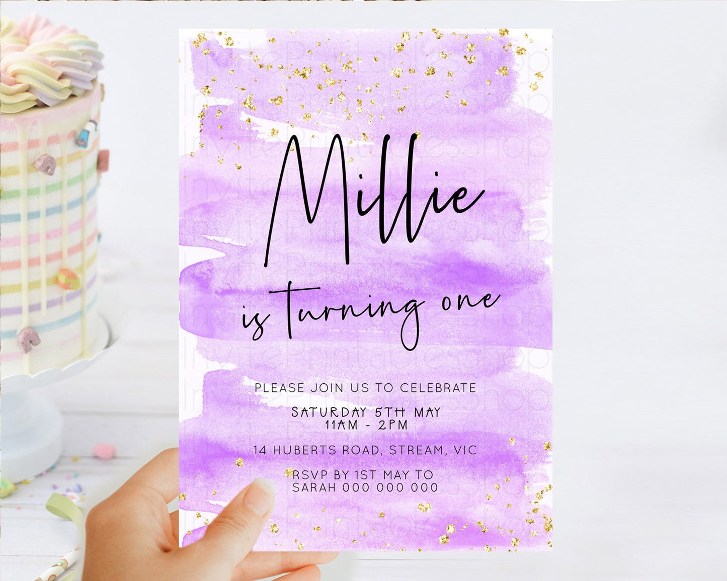 Purple Birthday Invitation Purple Watercolor Invite Pastel Purple Watercolor Invitation Purple Splash Gold Invitation First Birthday D23049