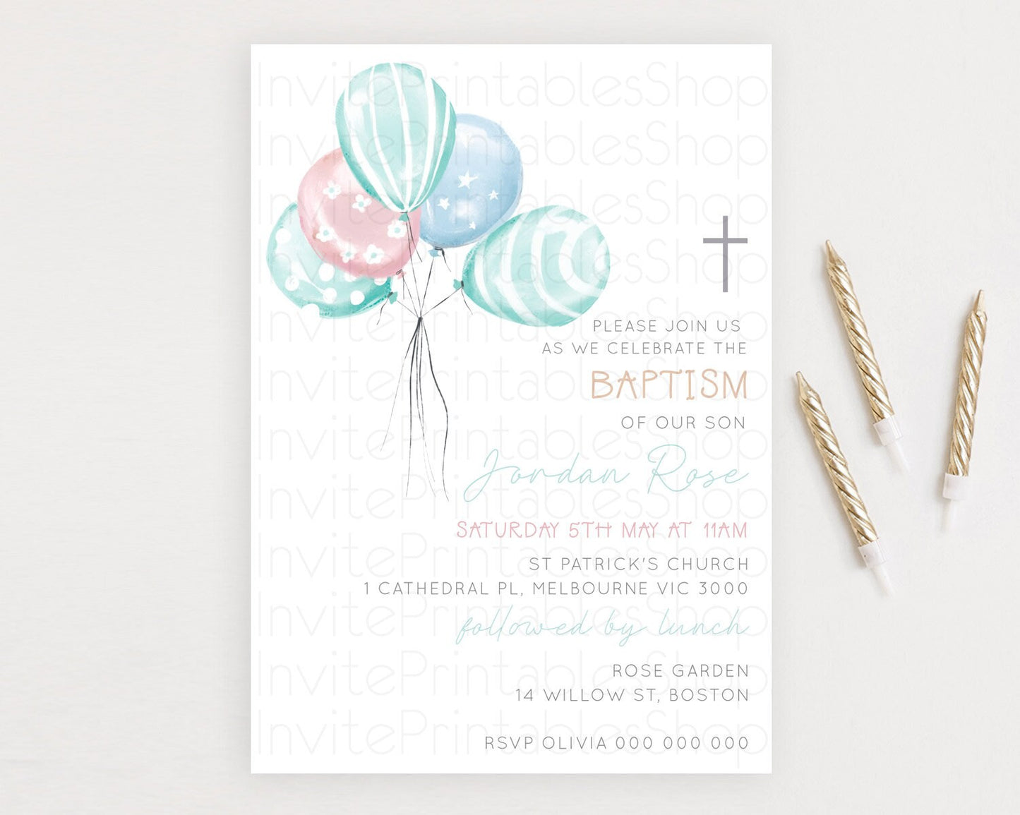 Balloon Baptism Invitation Pastel Baptism 1st Birthday Invitation Pastel Balloon Christening Invite Colorful Rainbow Balloon Invites D22997