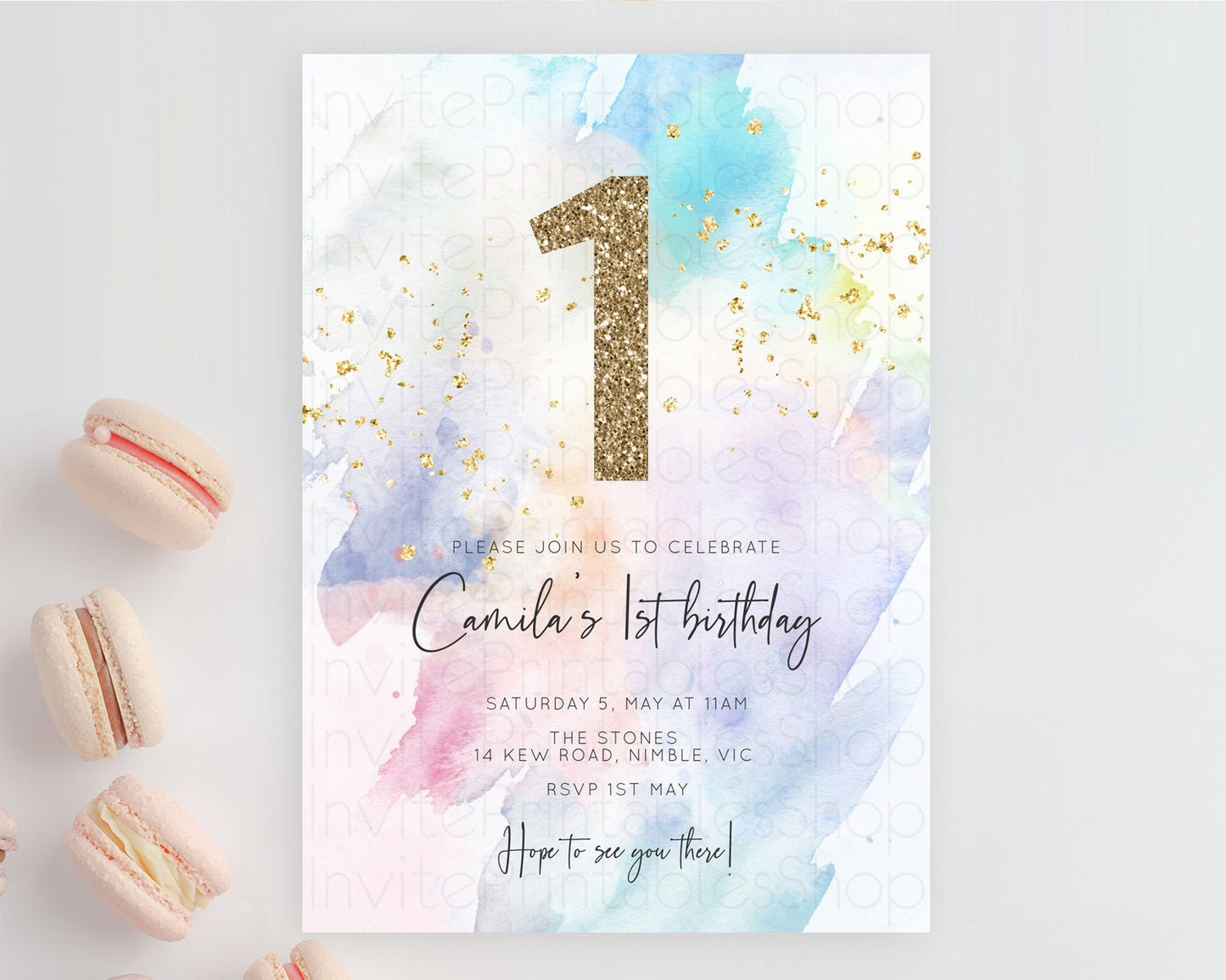 Editable Rainbow Birthday Invitation Colorful Pastel Watercolor Invitation G
