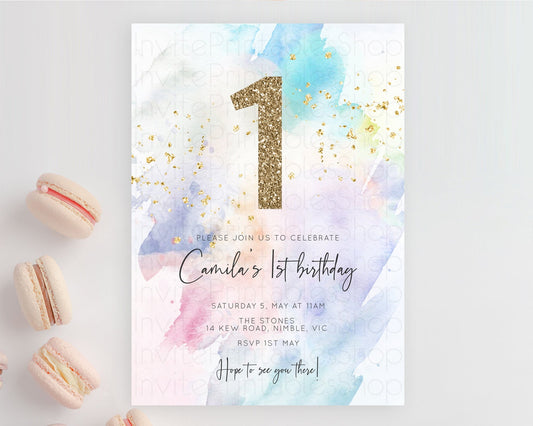 Editable Rainbow Birthday Invitation Colorful Pastel Watercolor Invitation G