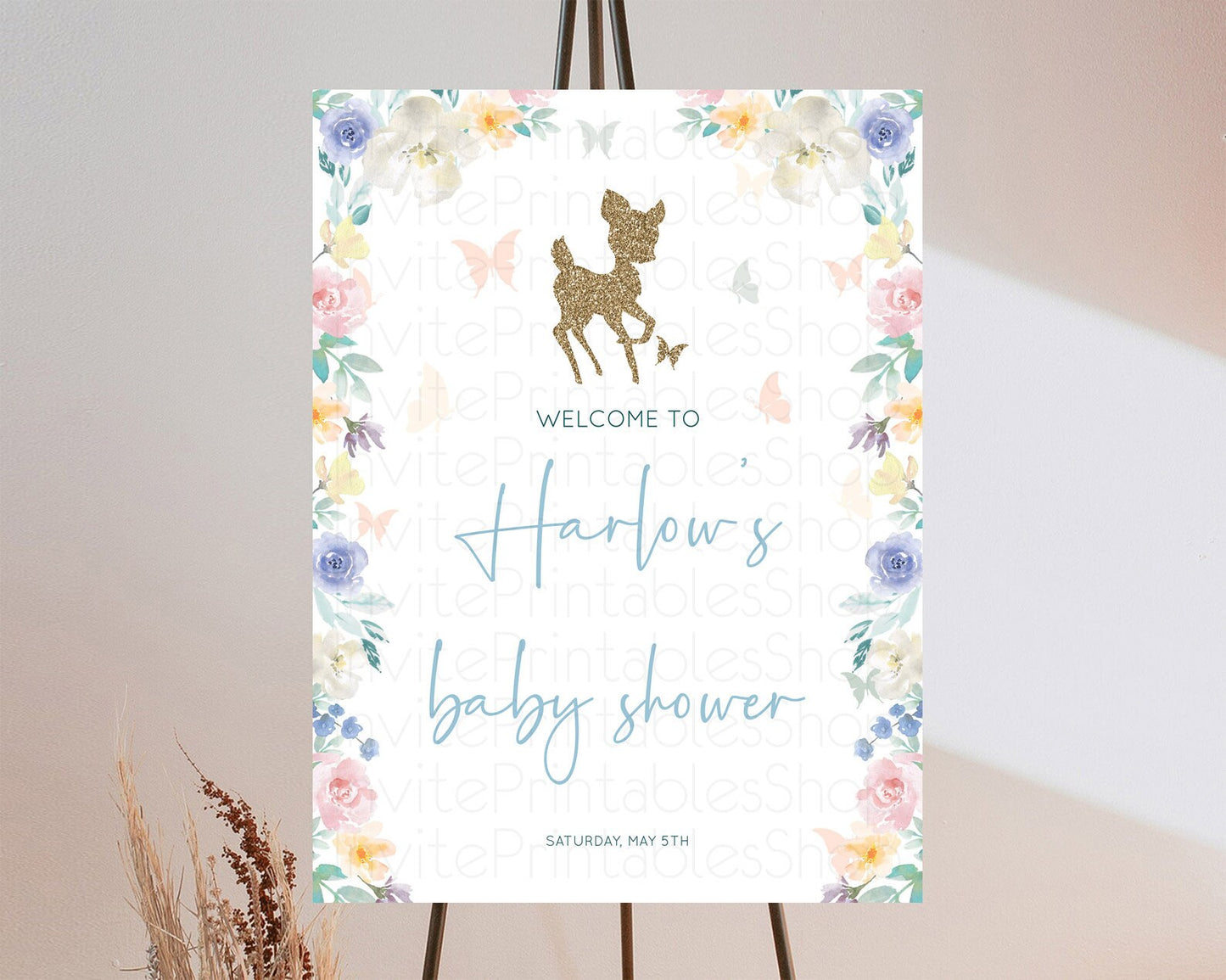 Fawn Baby Shower Welcome Sign Deer Welcome Board Floral Deer Welcome Poster Enchanted Forest Butterfly Pastel Floral Welcome Sign D10878