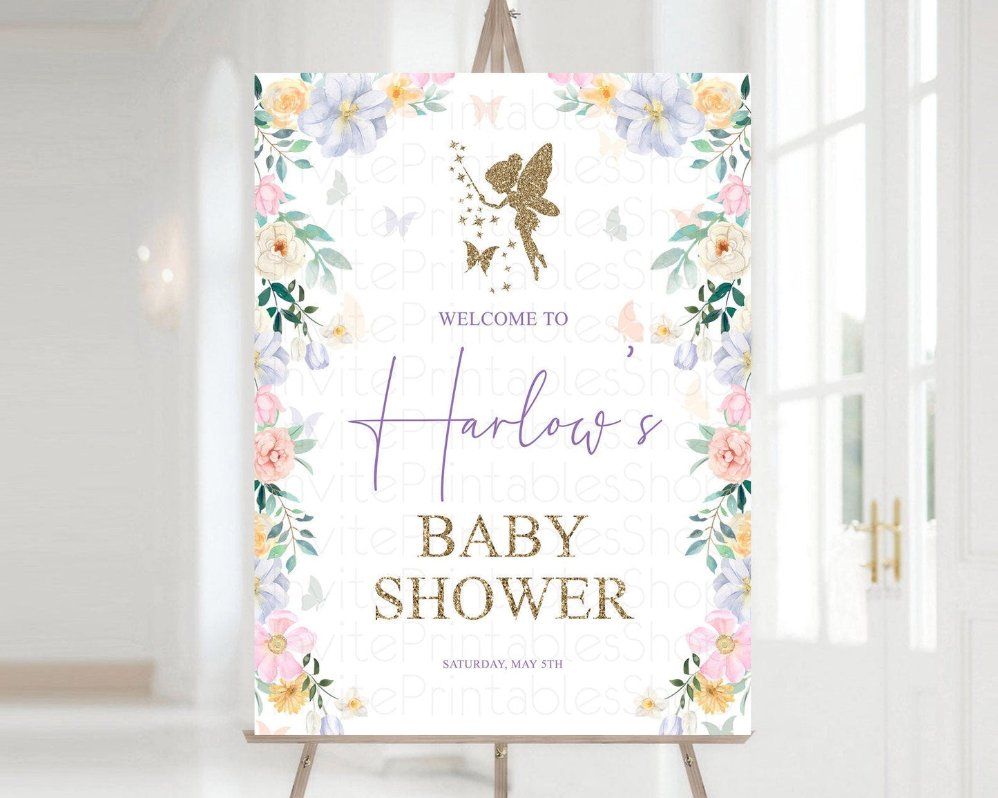 Fairy Baby Shower Welcome Sign Fairy Welcome Board Enchanted Garden Pastel Floral Butterfly Decor Secret Garden Fairy Welcome Sign D10474