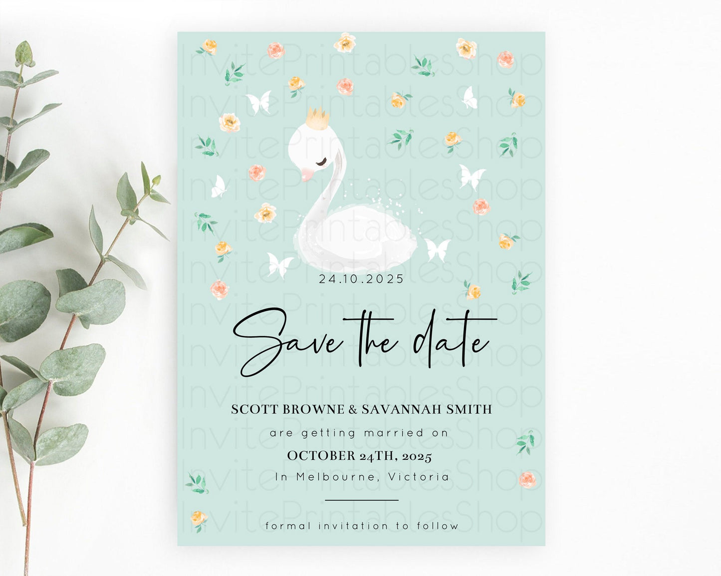 Swan Save The Date Template Swan Princess Ballet Party Enchanted Swan Lake Secret Garden Pastel Floral Birthday Baptism Baby Shower  D10905