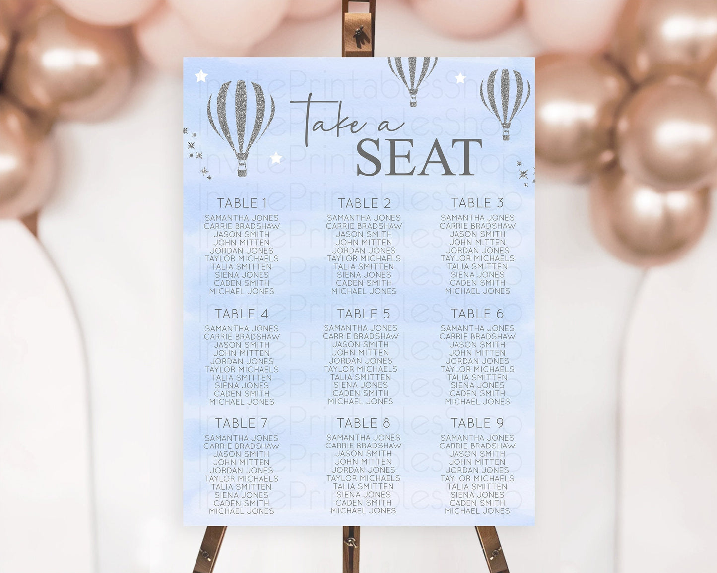 Hot Air Balloon Seating Chart Hot Air Balloon Seating Chart Adventure Awaits Up & Away Glitter Blue Watercolor Seating Take a Seat D10334