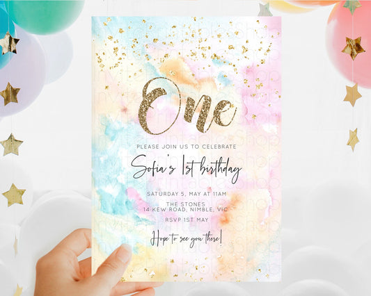 Rainbow Birthday Invitation Colorful Pastel Watercolor Invitation Gold Glitter Sprinkles Ombre Pastel 1st 2nd 3rd Birthday D10548