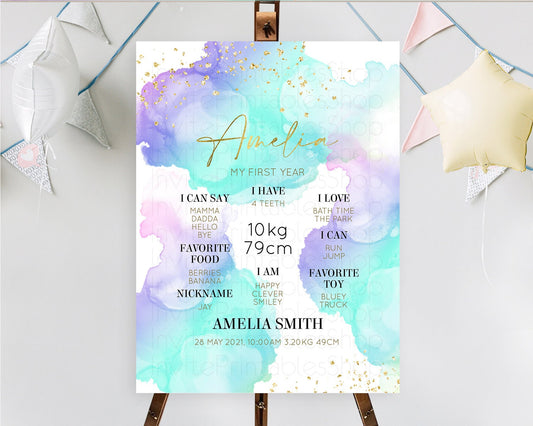 Pastel First Birthday Milestone Board Pastel Rainbow Milestone Poster Colorful Confetti Watercolor Glitter 1st Birthday Welcome Sign D10212