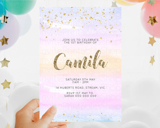 Rainbow Birthday Invitation Colorful Pastel Watercolor Invitation Gold Glitter Sprinkles Ombre Pastel 1st 2nd 3rd Birthday D10595