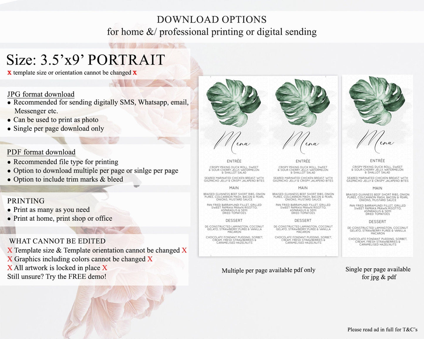 Tropical Menu Template Tropical Menu Palm Leaf Fern Table Decor Frangipani Floral White Orchid Dinner Dessert Menu Party Food Menu D11041