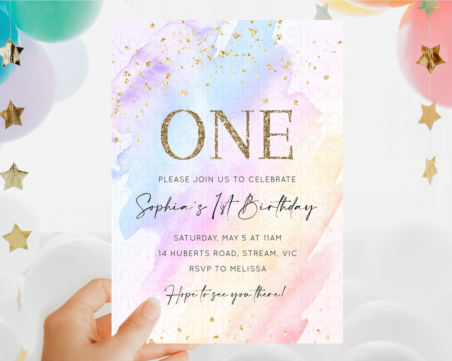 Rainbow Birthday Invitation Colorful Pastel Watercolor Invitation Gold Glitter Sprinkles Ombre Pastel 1st 2nd 3rd Birthday D10635