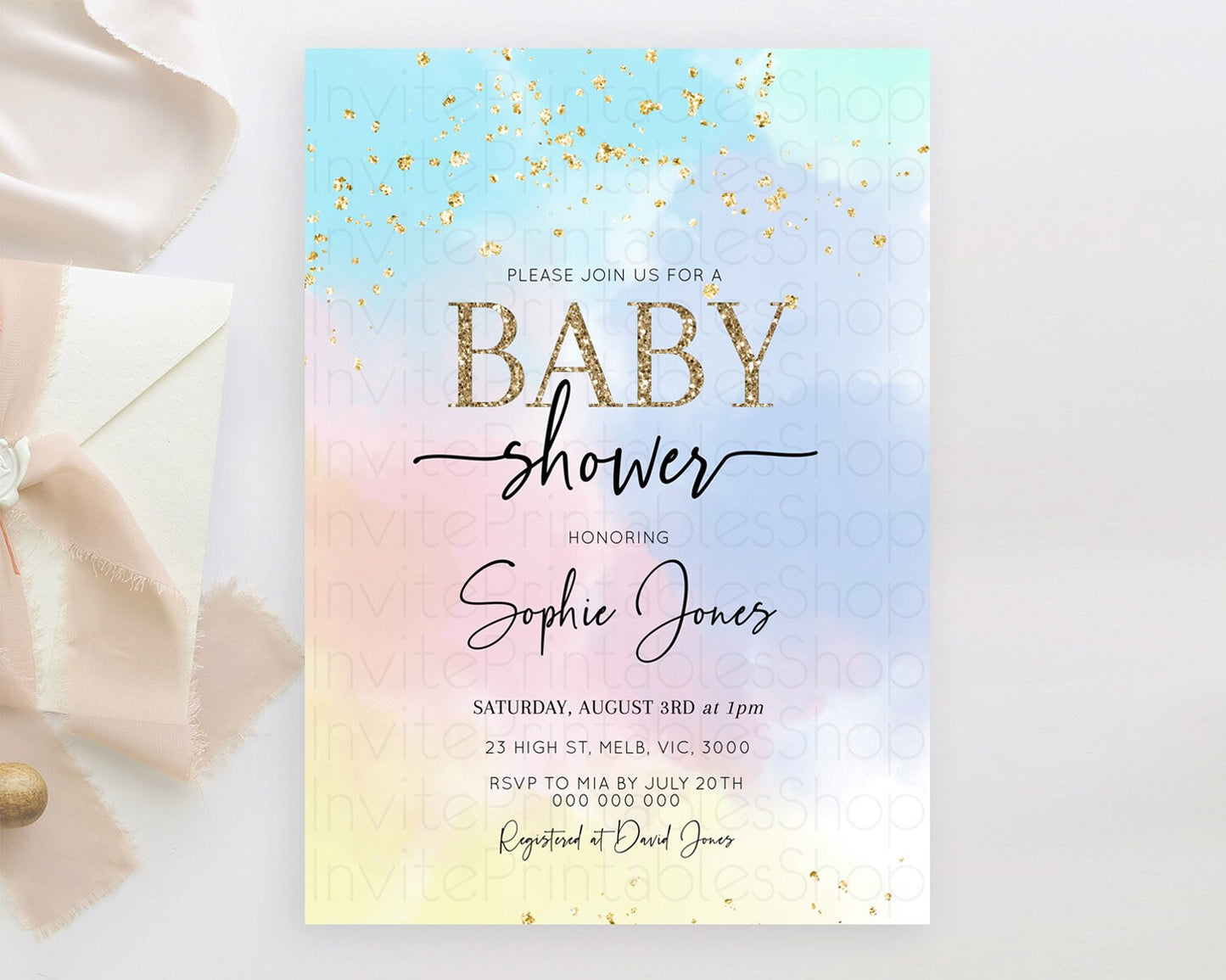 Pastel Baby Shower Invitation Rainbow Baby Shower Invitation Colorful Pastel Watercolor Invitation Gold Glitter Sprinkles Ombre D10368