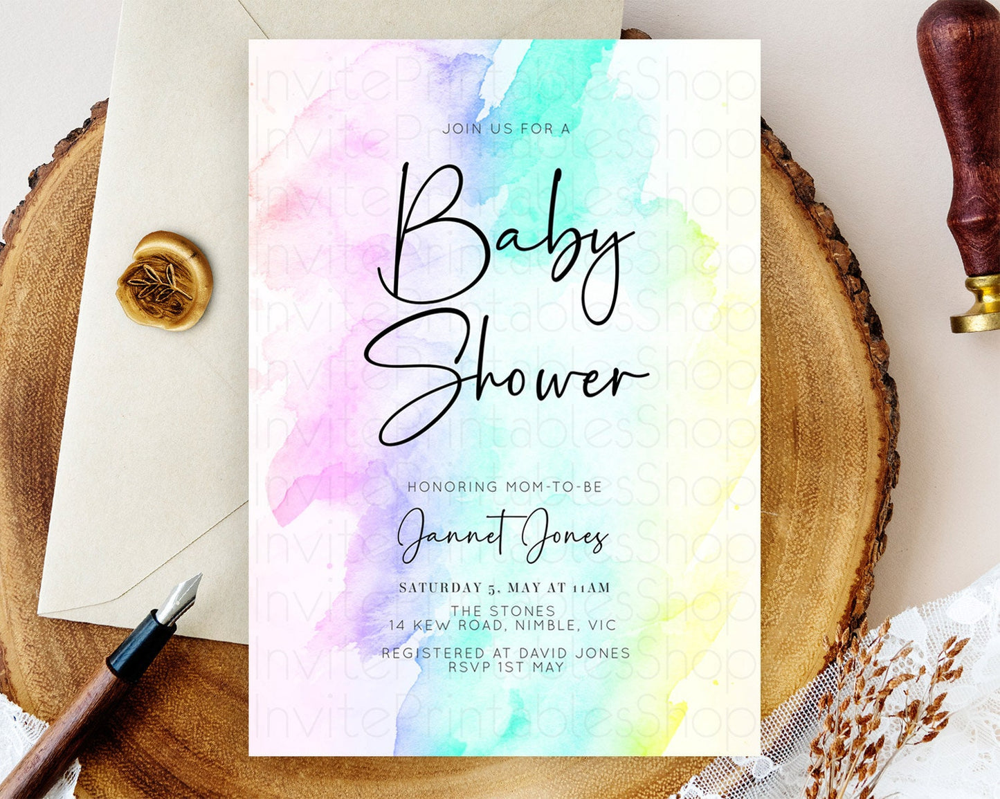 Pastel Baby Shower Invitation Rainbow Baby Shower Invitation Colorful Pastel Watercolor Invitation Gold Glitter Sprinkles Ombre D10231