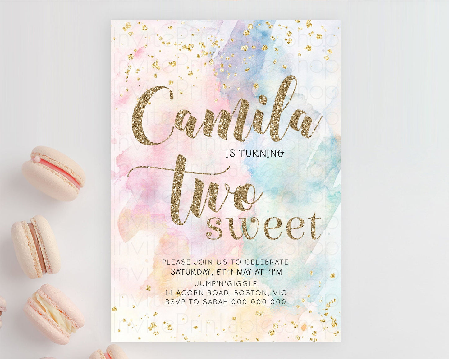 Rainbow Birthday Invitation Glitter Pastel Invitation Colorful Watercolor Gold Foil Splatter Sprinkle Ombre Two Sweet Invitation D10264