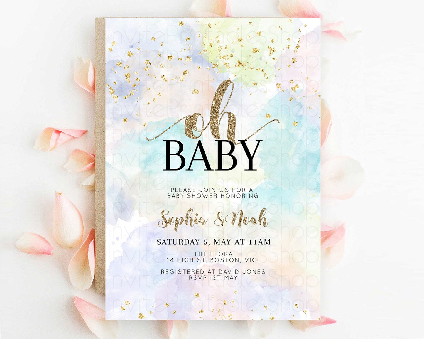 Pastel Baby Shower Invitation Rainbow Baby Shower Invitation Colorful Pastel Watercolor Invitation Gold Glitter Sprinkles Ombre D10614