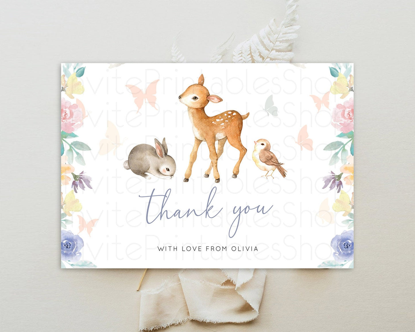 Fawn Thank You Deer Thank You Card Pastel Floral Deer Birthday Thank You Card Enchanted Forest Butterfly Deer Teacher Thank You Card D10930