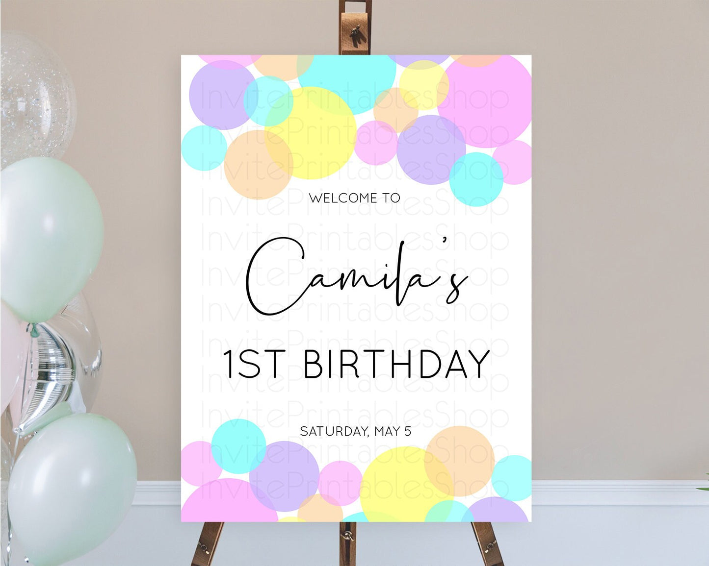 Rainbow Welcome Sign Pastel Welcome Board Pastel Rainbow Confetti Welcome Sign Colorful Bubbles Pastel First Birthday Welcome Sign D10406