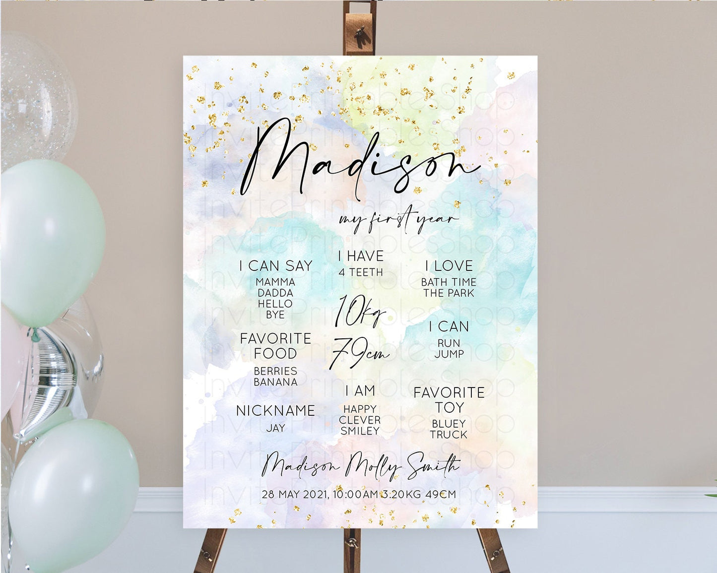 Pastel First Birthday Milestone Board Pastel Rainbow Milestone Poster Colorful Confetti Watercolor Glitter 1st Birthday Welcome Sign D10613