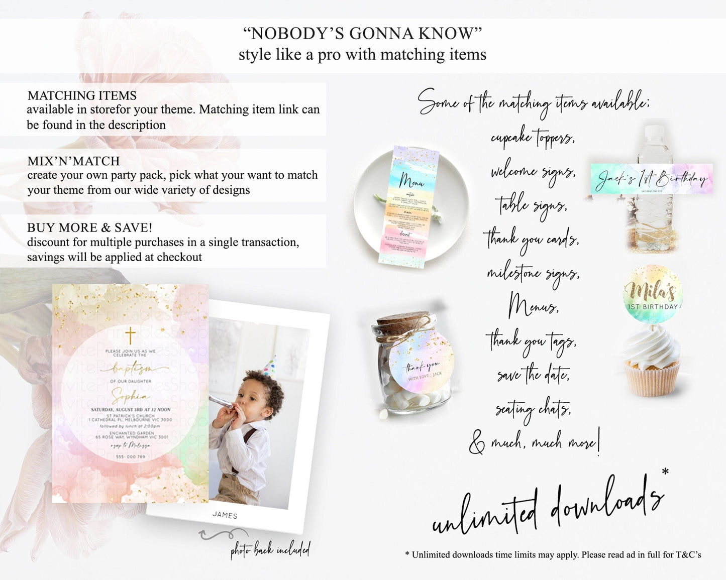 Pastel Baptism Invitation Pastel Colors Watercolor Baptism 1st Birthday Party Gold Ombre Pastel Rainbow Christening Holy Communion D10627