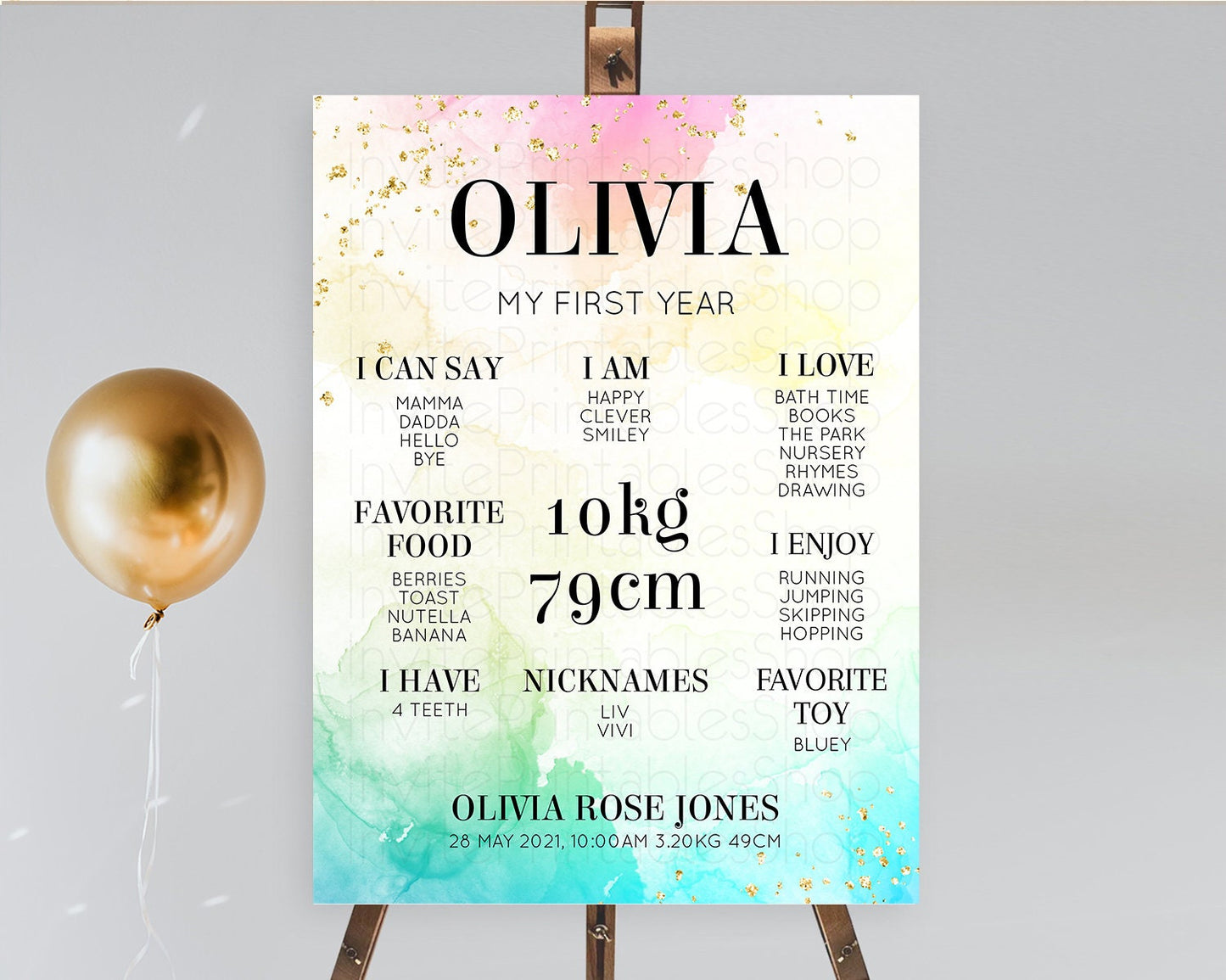 Pastel First Birthday Milestone Board Pastel Rainbow Milestone Poster Colorful Confetti Watercolor Glitter 1st Birthday Welcome Sign D10770