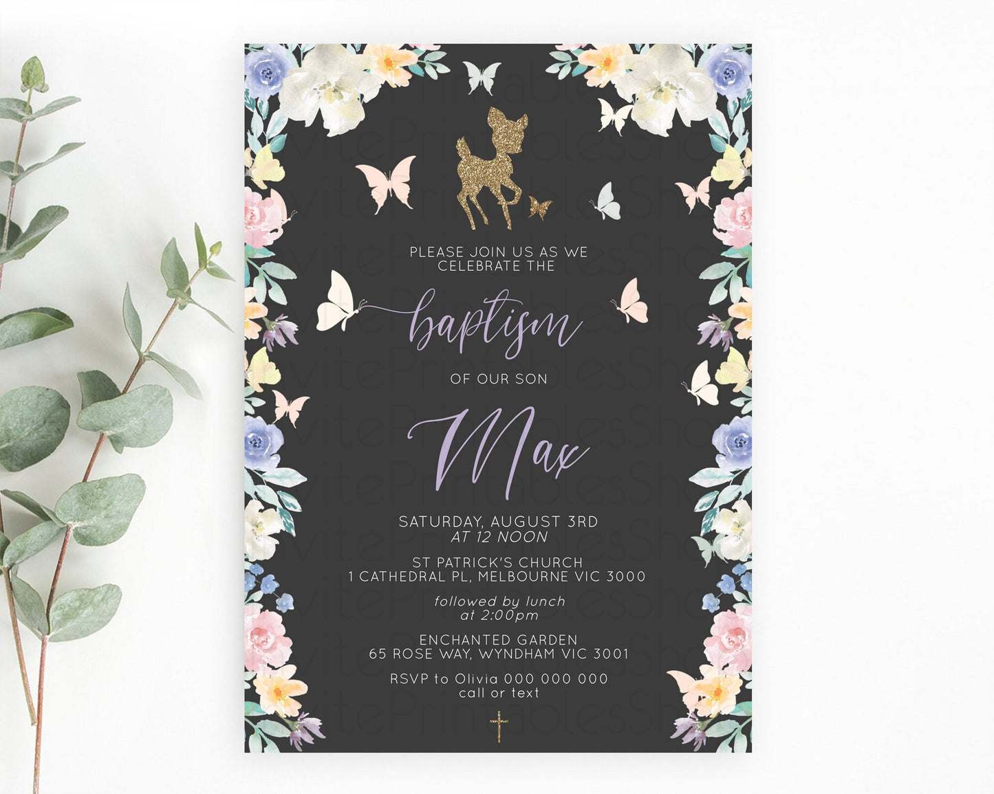 Fawn Baptism Invitation Deer Baptism 1st Birthday Invitation Enchanted Forest Christening Invitation Pastel Garden Butterfly Floral D10323