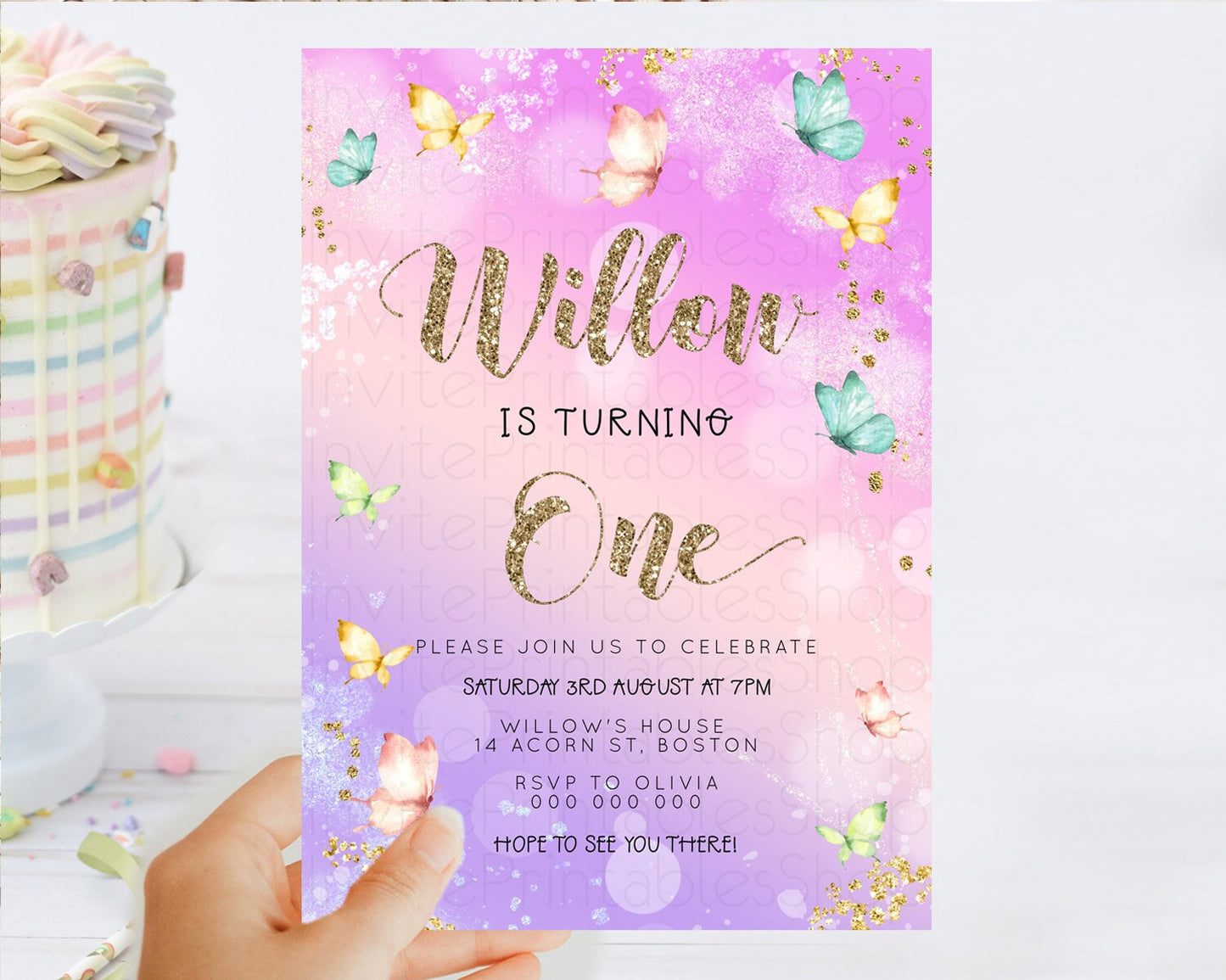 Pastel Butterfly Birthday Invitation Butterfly Birthday Invitation Colorful Splash Glitter Butterfly Garden 1st 2nd Birthday D23092