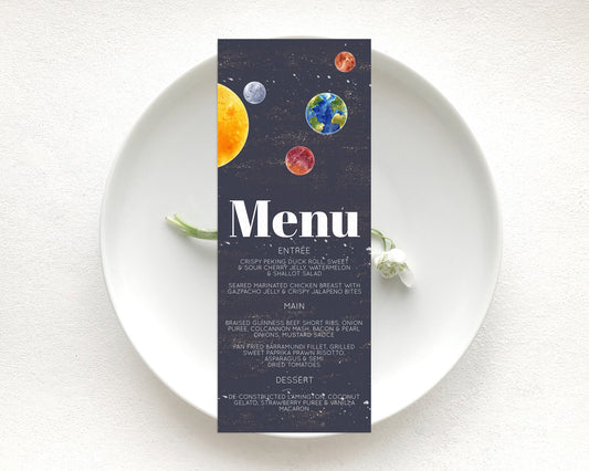 Space Menu Space Menu Template First Trip Around the Sun Table Decor Planets Solar System ONE year Food Menu Dinner Dessert Menu D10144