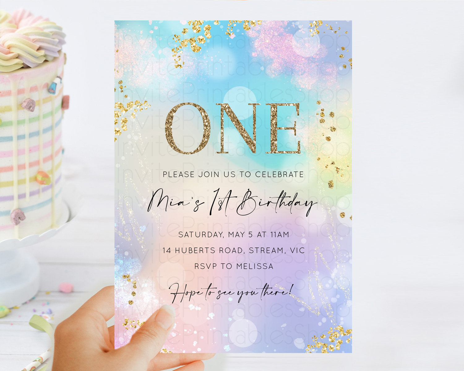 Editable Rainbow Birthday Invitation Colorful Pastel Watercolor Invitation G