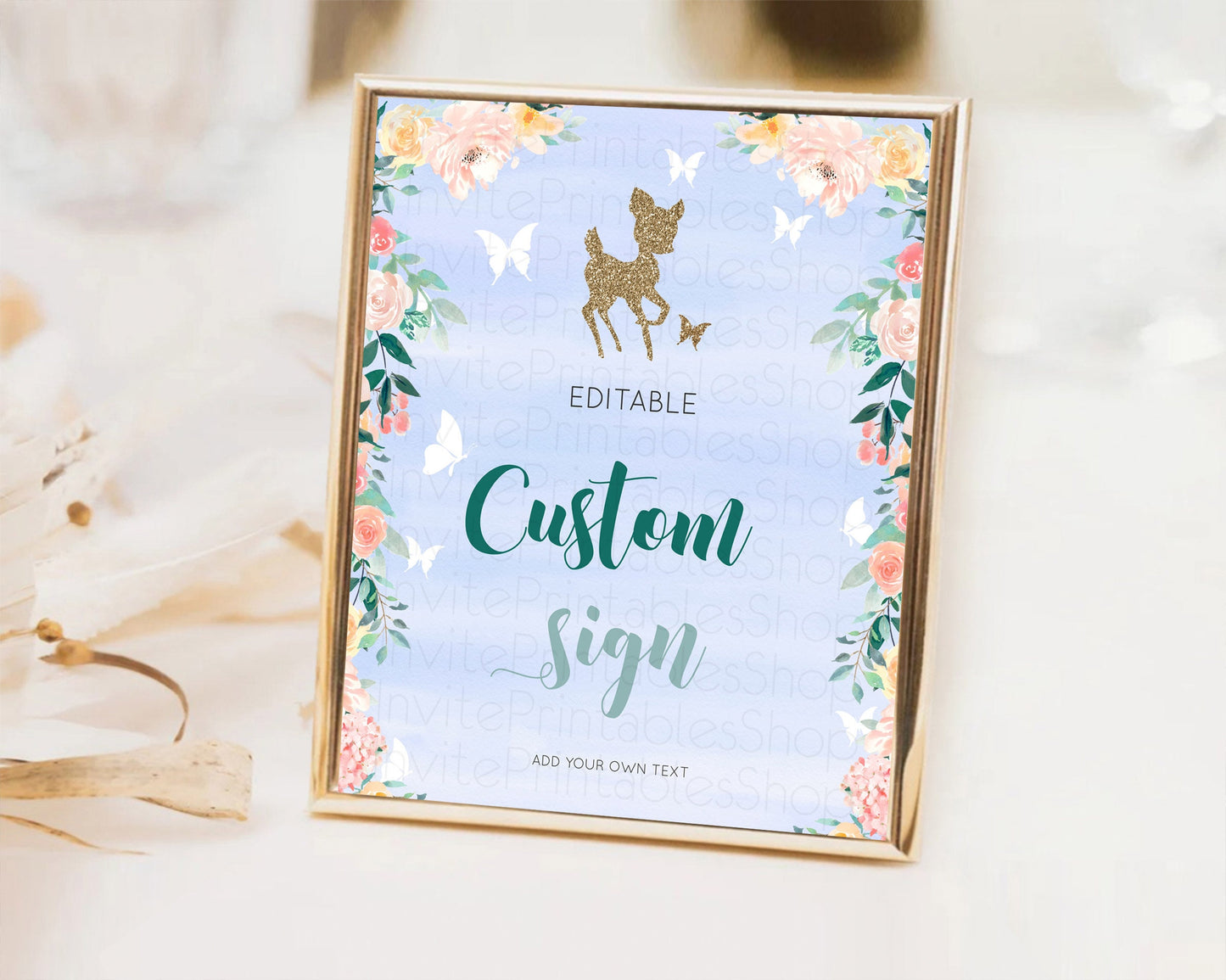 Fawn Deer Sign Pastel Floral Deer Table Sign Decor  Enchanted Forest Butterfly Party 1st Birthday Baptism Baby Shower Bridal Shower D10875