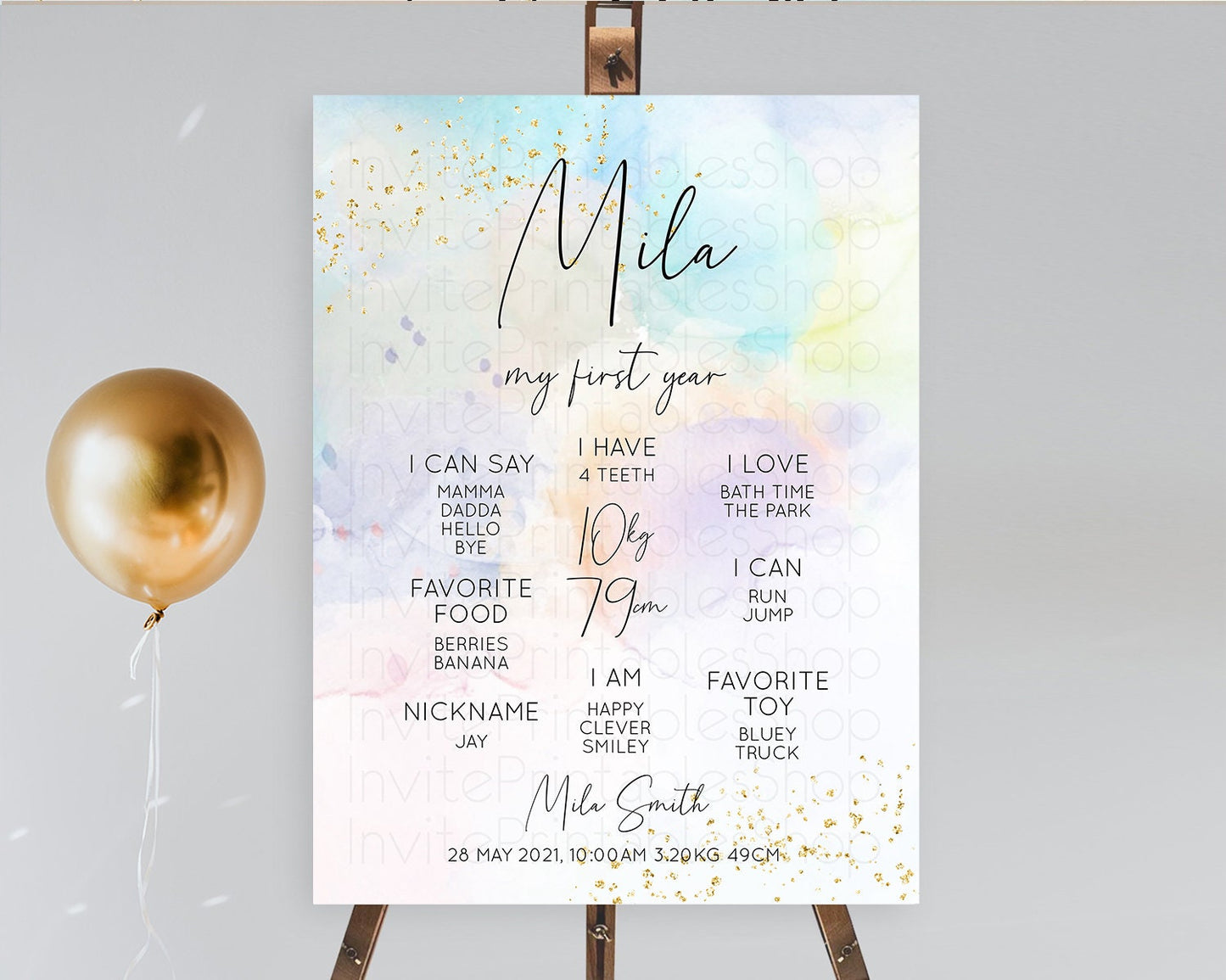 Pastel First Birthday Milestone Board Pastel Rainbow Milestone Poster Colorful Confetti Watercolor Glitter 1st Birthday Welcome Sign D10769