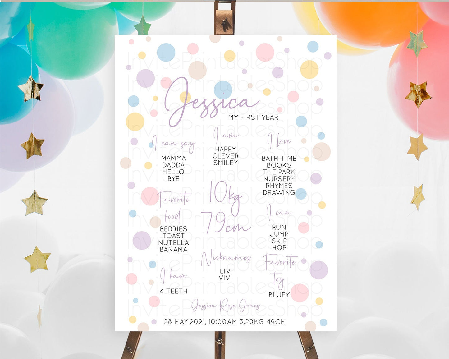Pastel First Birthday Milestone Poster Pastel Rainbow Confetti First Birthday Milestone Board Colorful Bubbles Birthday Welcome Sign D10759