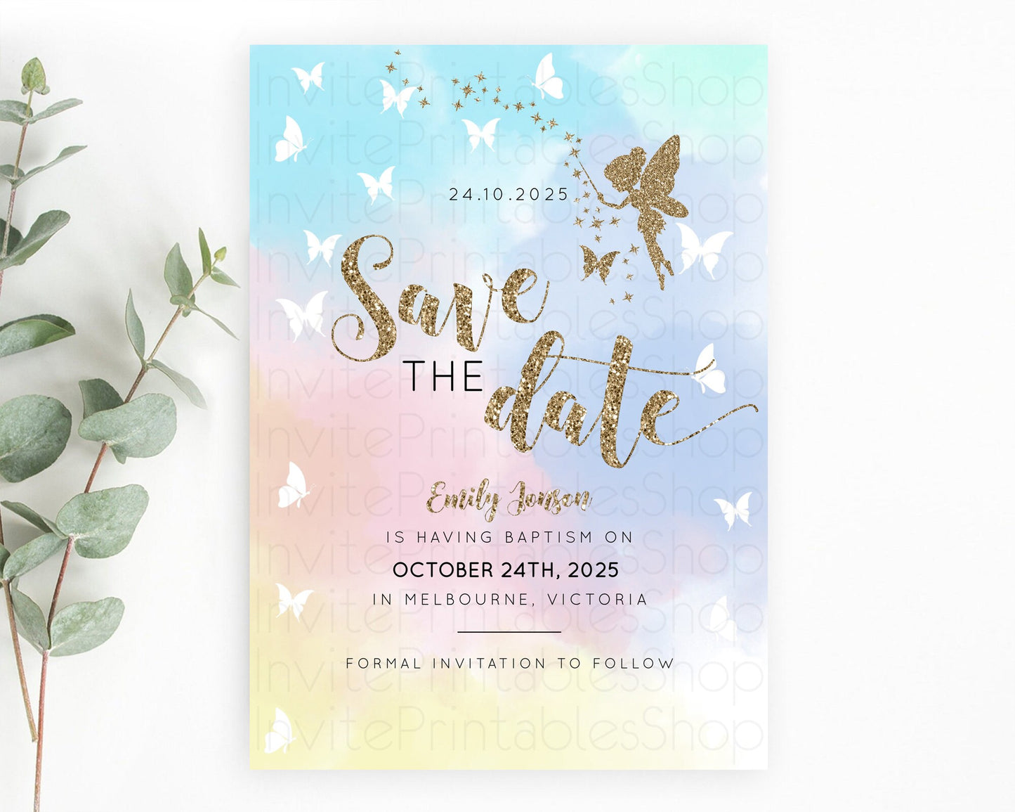 Fairy Save The Date Template Enchanted Garden Pastel Floral Butterfly Party Secret Garden Birthday Baptism Baby Shower Bridal Shower D10894