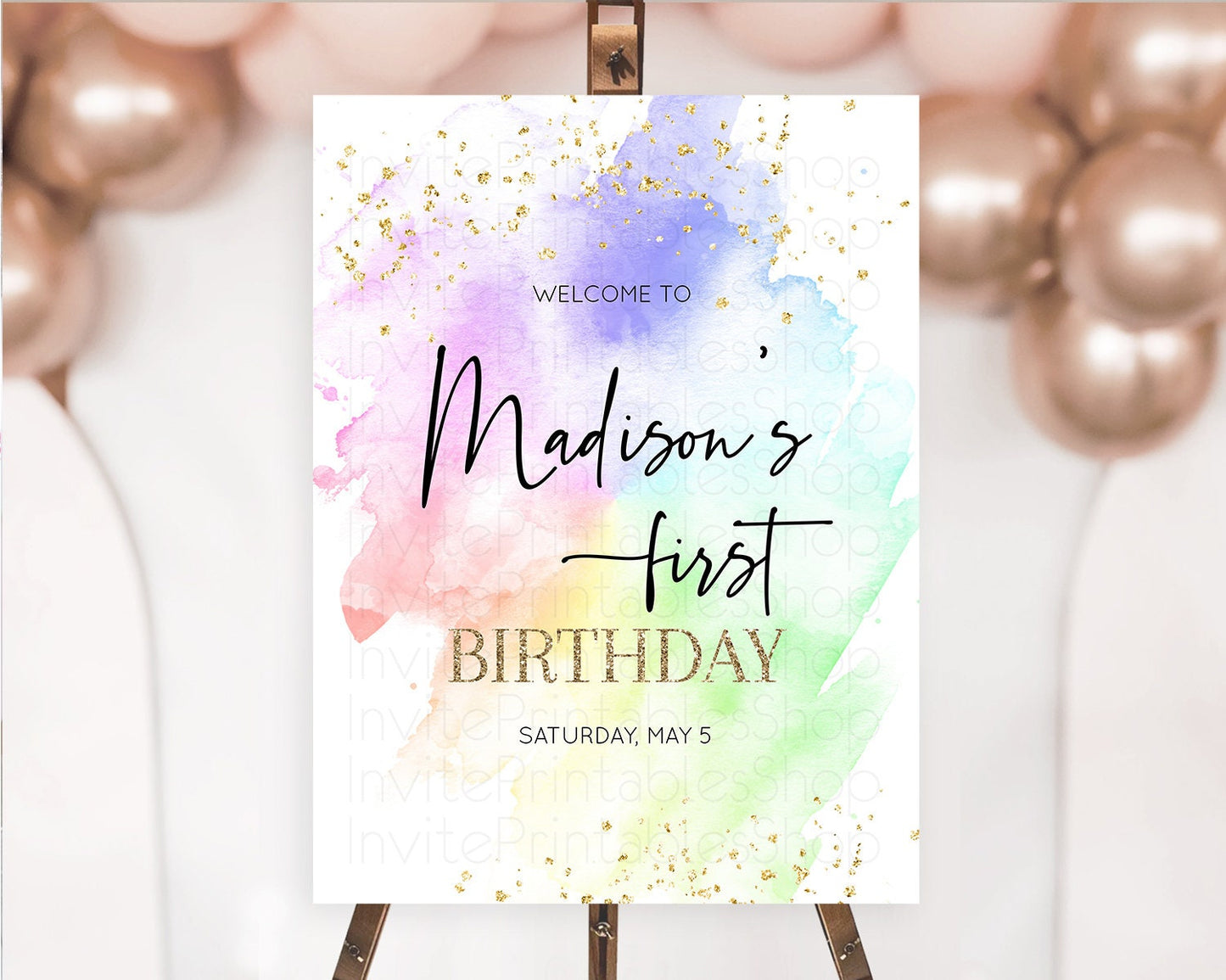 Pastel Welcome Sign Pastel Rainbow Welcome Sign Colorful Rainbow Confetti Watercolor Glitter Pastel First Birthday Welcome Sign D10316
