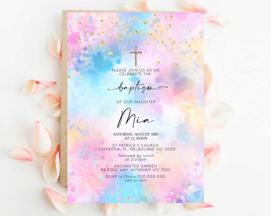 Pastel Rainbow Baptism Invitation Pastel Clouds Christening Invitation Luminous Iridescent Invite Glitter Confetti Sprinkle Gold Cross 589v4