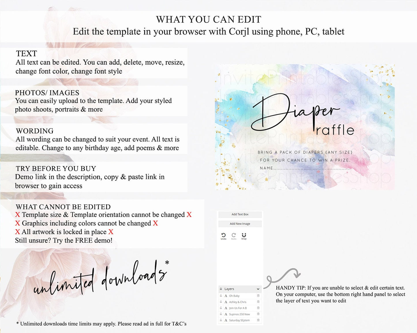 Pastel Diaper Raffle Card Pastel Rainbow Diaper Raffle Insert Colorful Ombre Watercolor Diaper Ticket Confetti Glitter Raffle Game D10422