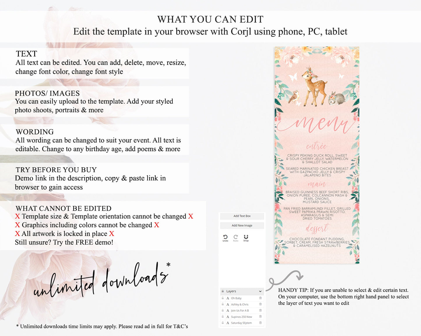 Fawn Menu Deer Menu Template Pastel Floral Deer Table Decor Enchanted Forest Butterfly Floral Dinner Dessert Menu Party Food Menu D10921