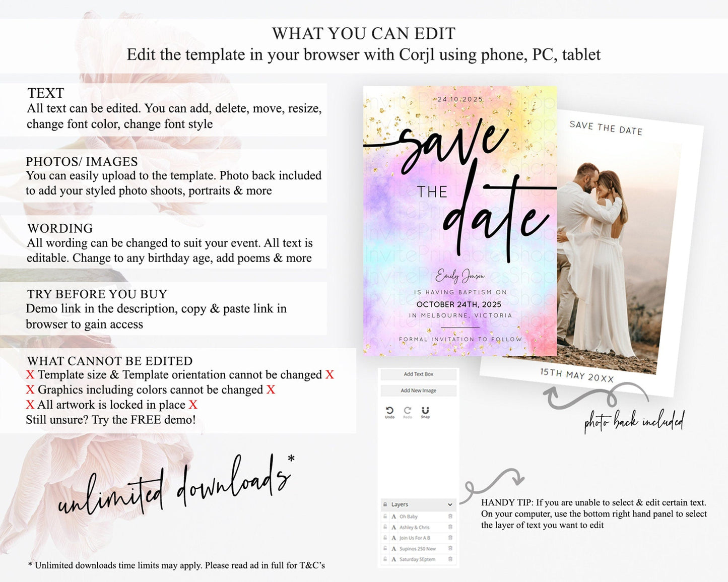 Pastel Save The Date Template Pastel Ombre Rainbow Watercolor Colorful Party For Birthday Baptism Baby Shower Wedding Bridal Shower D10437