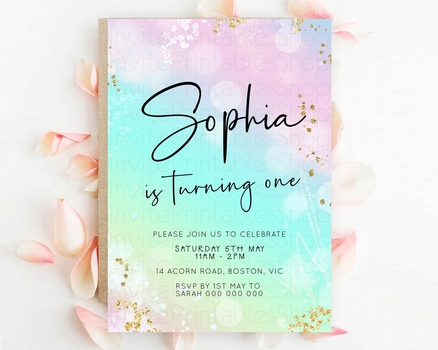 Pastel Birthday Invitation Ombre Watercolor Birthday Invitation Glitter Rainbow Color Splash 1st 2nd 3rd Birthday Invitation D23097