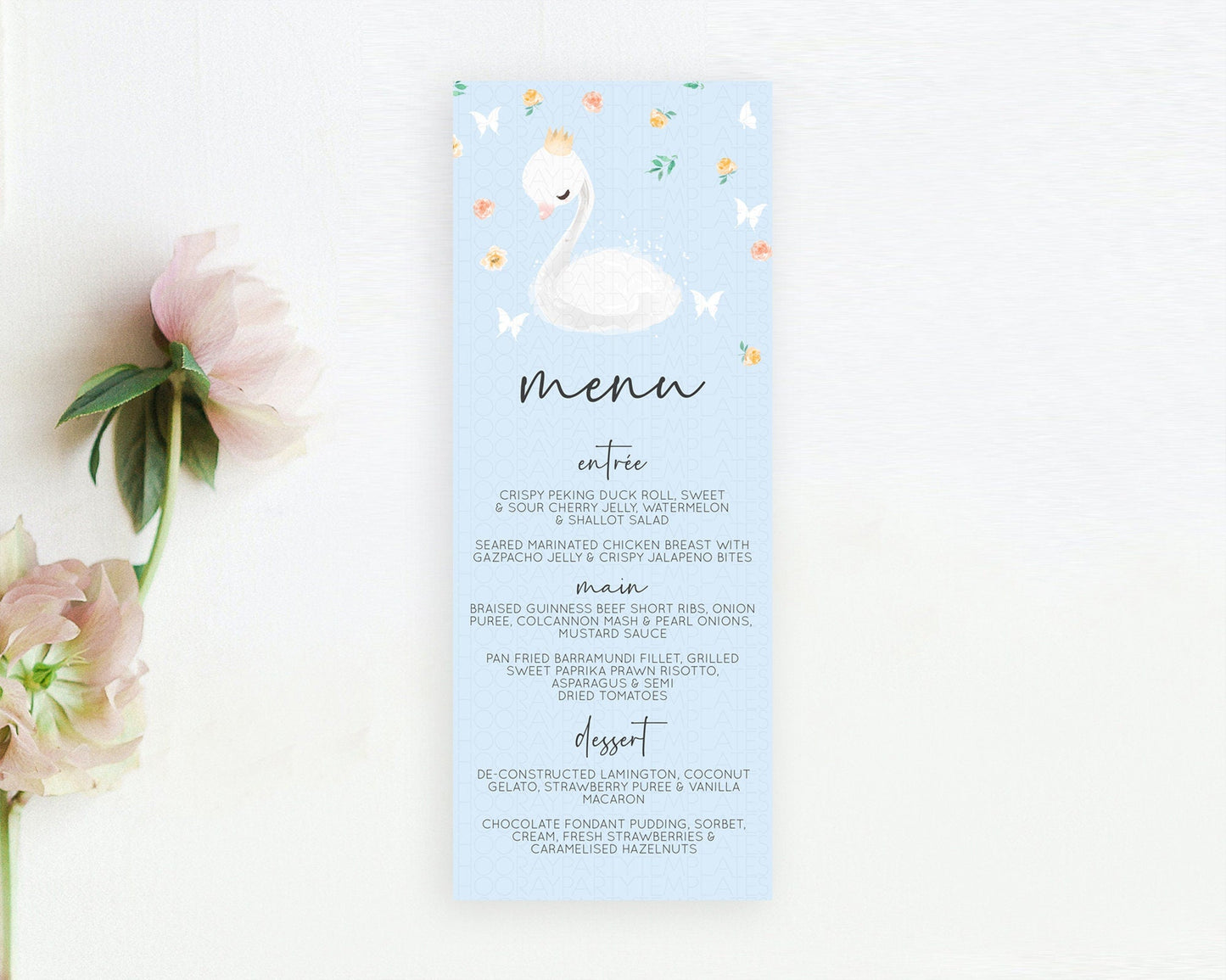 Swan Menu Swan Princess Ballet Menu Template Enchanted Swan Lake Table Decor Secret Garden Pastel Floral Dinner Dessert Food Menu D10903