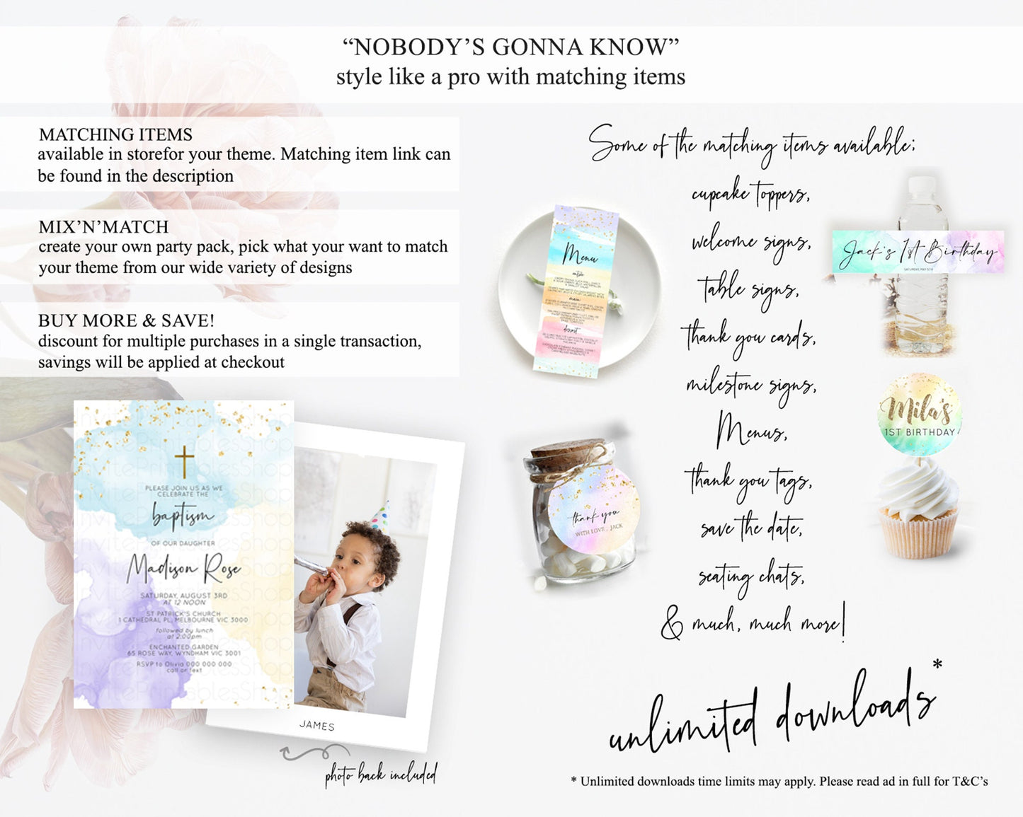 Pastel Baptism Invitation Pastel Colors Watercolor Baptism 1st Birthday Party Gold Ombre Pastel Rainbow Christening Holy Communion D10208