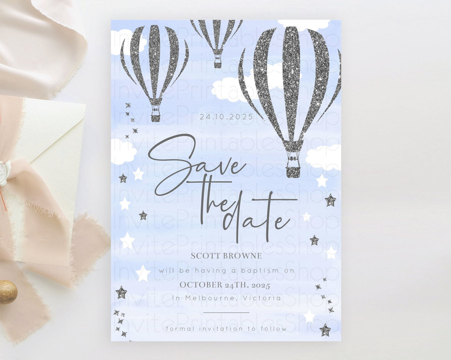 Hot Air Balloon Save The Date Template Adventure Awaits Mr. ONEderful Party 1st Birthday Baptism Baby Shower D10334