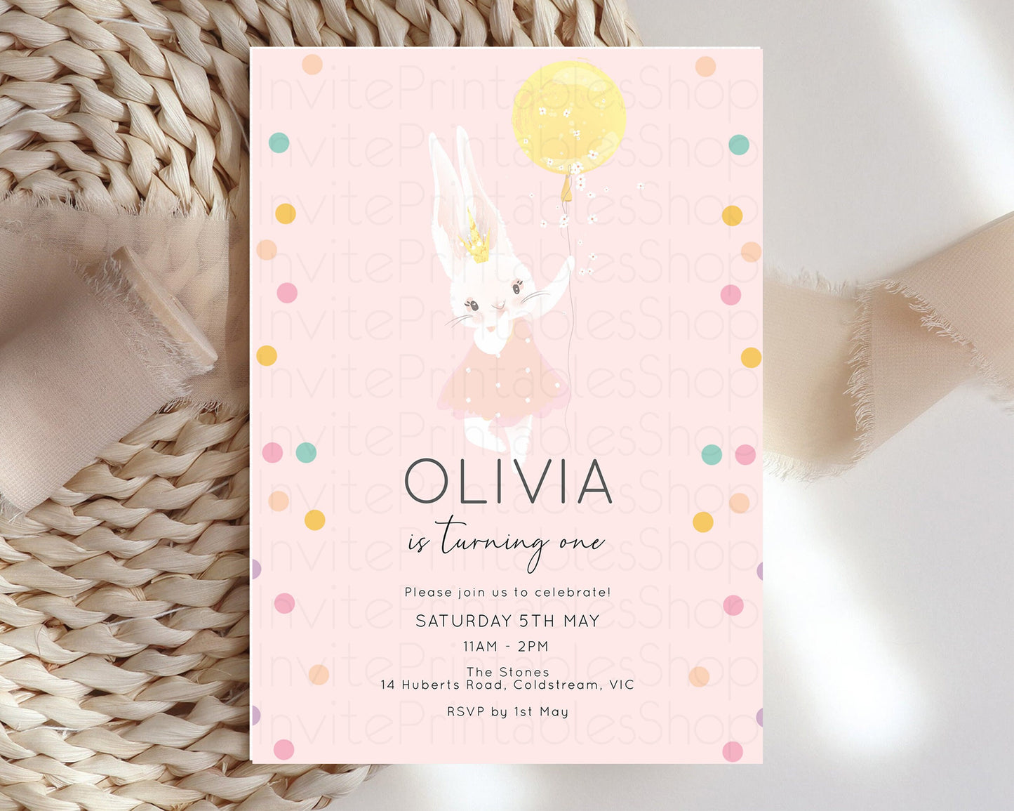 Bunny Birthday Invite Balloon Birthday Invitation Cute Bunny Rabbit Rainbow Sprinkles Confetti Pastel Confetti Pink Yellow 1st 2nd 3rd 141