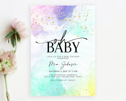 Pastel Baby Shower Invitation Rainbow Baby Shower Invitation Colorful Pastel Watercolor Invitation Gold Glitter Sprinkles Ombre D10157