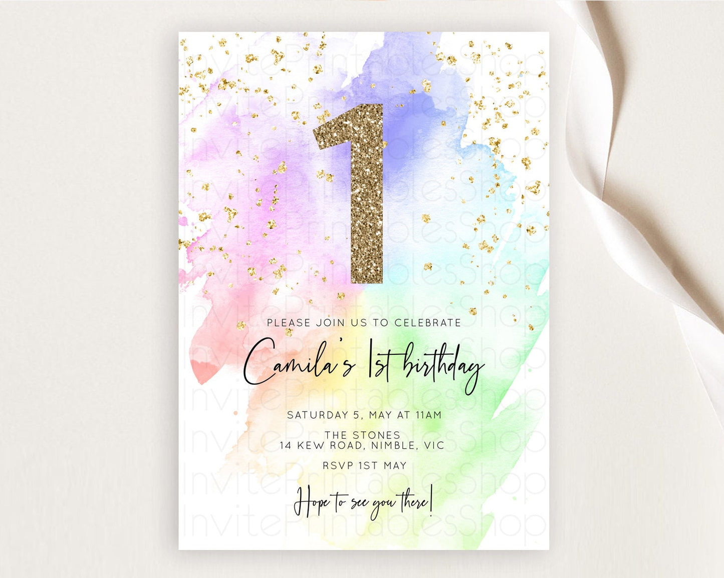 Rainbow Birthday Invitation Colorful Pastel Watercolor Invitation Gold Glitter Sprinkles Ombre Pastel 1st 2nd 3rd Birthday D10316